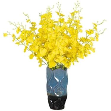 Imagem de LMJYU Flor artificial com vaso orquídea artificial orquídea flores falsas de seda falso amarelo dançante orquídeas caules flor com vaso de cerâmica para casamento, casa, escritório, orquídea, belo