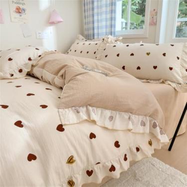 Imagem de Conjunto de capa de edredom de renda com 4 peças (1 capa de edredom + 1 lençol plano + 2 fronhas, sem núcleo), conjunto de cama com estampa de flores frescas, tule de duas camadas, renda de quatro