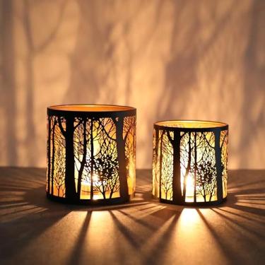 Imagem de Conjunto de 2 castiçais Tealight, suporte de vela com padrão de floresta de árvores, suporte de luz de chá de mosaico romântico para mesa de centro de mesa, Natal, festa de aniversário, decoração de
