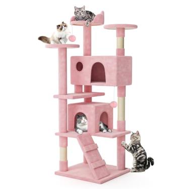 Imagem de MoNiBloom Árvore para gatos, torre de árvore para gatos de 177 cm com 2 condomínios, torre alta para gatos com poste para arranhar, torre de escalada para gatos, árvore para gatos internos, rosa macio