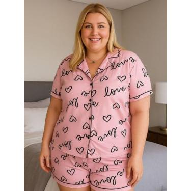 Imagem de Pijama Americano Estampado Plus Size Blusa com Botões que Abrem e Shor