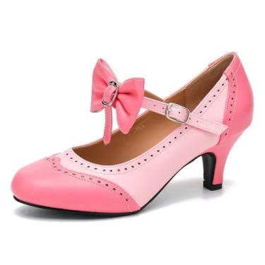 Imagem de Sapato feminino Mary Jane Oxfords, salto baixo gatinho bico fechado, sapatos sociais confortáveis com gravata borboleta e salto no tornozelo, rosa, 35