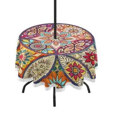 Imagem de Qilmy Toalha de mesa Boho Mandala redonda impermeável de 152 cm com orifício para guarda-chuva e zíper – uso externo / interno resistente para pátio, churrascos, piqueniques, festas (serve para mesas