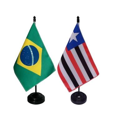 Imagem de Kit Bandeira de Mesa Brasil e Maranhão, Dupla Face, 19x13cm, Base Preta, Altura 26cm, Oxford, para Escritório, Eventos e Decoração
