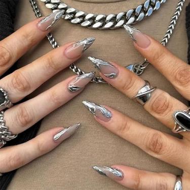 Imagem de Kit de unhas de pressão 3D prata média amêndoa com design francês cobertura completa prensa acrílica artificial bastão falso em unha para mulheres manicure 24 peças