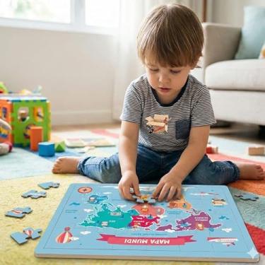 Imagem de Brinquedo Pedagógico Em Madeira Quebra Cabeça Mapa Mundi Tamanho G 24 Pcs