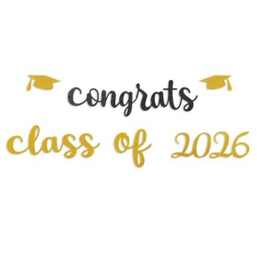 Imagem de TONIFUL Bandeira Gold Congrats 2026, placa de graduação para pano de fundo, placa de feltro com glitter - inclui cola de pontos - perfeita para decorações de formatura de 2026, decoração de parede
