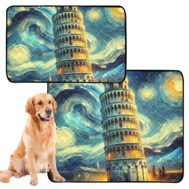 Imagem de TSENQUE Torre Pisa Noite Estrelada para Cachorro Lavável Pee Pads Impermeável para Cachorros Pequenos Almofadas Absorventes para Gatos, Médio + Grande, Conjunto de 2