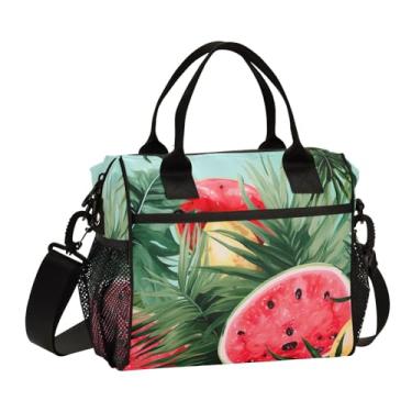 Imagem de GAIGEO Lancheira para adultos com melancia e bananas com folhas de palmeira isolada, lancheira com bolsos laterais, lancheira feminina isolada para trabalho, M