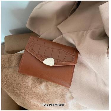 Imagem de Carteira feminina de couro genuíno com dobra dupla/tripla - Suporte minimalista para cartão de crédito com bloqueio de RFID e bolso para moedas, Marrom, Casual