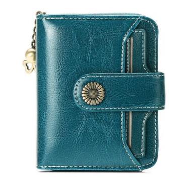 Imagem de Carteira feminina de couro genuíno com dobra dupla/tripla - Suporte minimalista para cartão de crédito com bloqueio de RFID e bolso para moedas, Azul, Casual