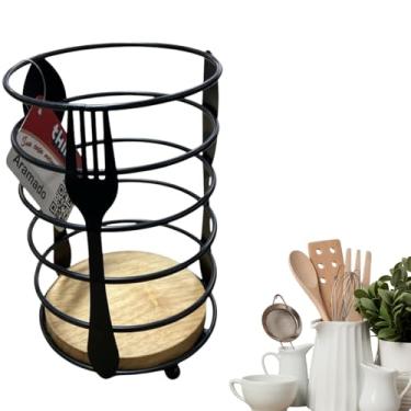 Imagem de Suporte para Talheres, Aço com Base em Madeira, Preto e Natural, Design Vazado decorado, Organizador de Utensílios Mesa Posta Churrasco Cozinha Bancada Organiza Decora