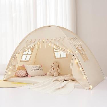 Imagem de Akiky Tenda de cama tamanho solteiro com parte inferior, tenda infantil piso interno com luzes cortinas de beliche dobráveis portáteis para meninas e meninos (natural, solteiro)