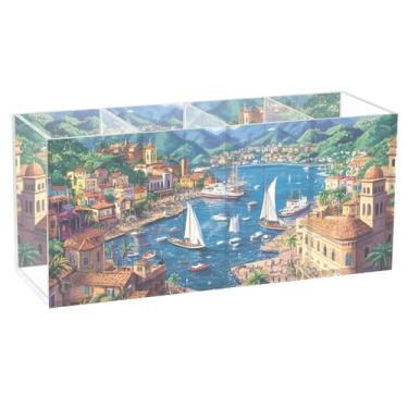Imagem de TSENQUE Porta-canetas floral cênica mediterrânea litorânea acrílica para arte de mesa personalizada lápis pincel de maquiagem copo de artesanato organizador de mesa e acessórios