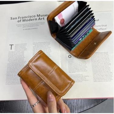 Imagem de Carteira feminina de couro genuíno com dobra dupla/tripla - Suporte minimalista para cartão de crédito com bloqueio de RFID e bolso para moedas, Marrom, Casual