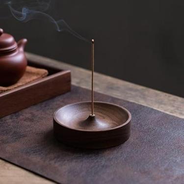 Imagem de 1 suporte de incenso redondo de madeira feito à mão – queimador de aromaterapia zen decorativo para palitos e cones