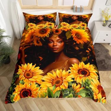 Imagem de Jogo de cama queen para meninas negras, beleza africana americana, conjunto de capa de edredom para decoração de quarto de crianças, mulheres, adolescentes, adultos, 3D, girassol, plantas, capa de