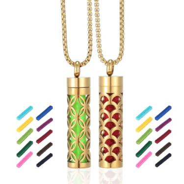 Imagem de PH PandaHall Colar difusor de óleo essencial, 2 estilos, colares dourados de aromaterapia, coluna, frasco de perfume, pingente de medalhão de aço inoxidável com 20 unidades de almofadas para mulheres