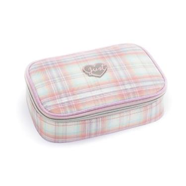 Imagem de Estojo Box Escolar Rosa Xadrez Divisórias Volta as Aulas Fofo Grande Colorido Lápis Caneta