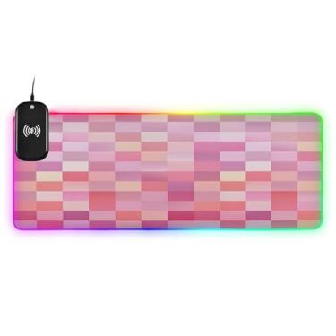 Imagem de CEBUGI Mouse pad de carregamento sem fio padrão xadrez 15W mouse pad rápido para jogos com 14 iluminação LED RGB para jogos, PC, laptop, mesa 80 x 30 cm