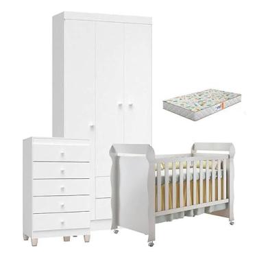 Imagem de Quarto de Bebê 3 Portas com Gaveteiro Ternura Baby e Berço Mirelle Branco Brilho com Colchão Gazin - Incorplac