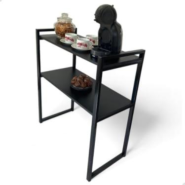 Imagem de Aparador Cantinho do Café Mesa Industrial de Decoração 2 Prateleiras MDF Mesa Auxiliar (PRETO C/DOURADO)