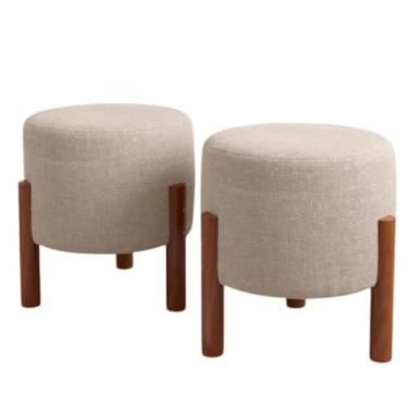 Imagem de Kit 2 Puffs Apollo de Luxo Linho Decorativo Sala Escritório Suporta 150Kg Puff Sala， Quarto，Pufe，Redondo(2 Pufs Bege)
