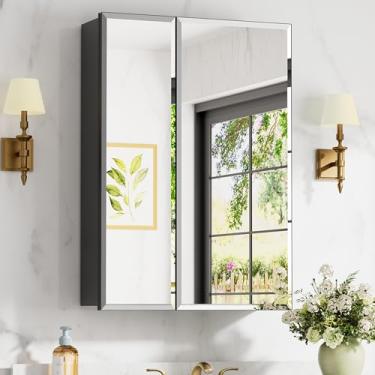 Imagem de Armário de remédios de 66 x 76 cm com espelho, armário de espelho de banheiro com moldura de alumínio, porta espelhada de borda chanfrada, prateleiras ajustáveis, espelhos de banheiro de montagem em