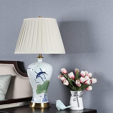 Imagem de Abajur de mesa oriental grande em cerâmica com cúpula em formato de sino, vaso de cerâmica esmaltada pintado à mão, luminária de mesa para quarto, luminária de cabeceira antiga chinesa.