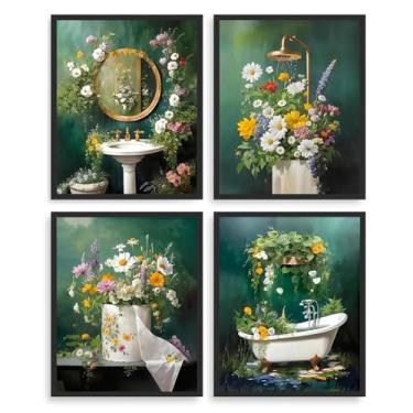 Imagem de Dazzlewall Pôster de arte de parede de banheiro botânico verde, folhas silvestres verde-escuras, impressão de imagem, lavatório, vaso sanitário, banheira, impressão em tela, 20 x 25 cm, sem moldura