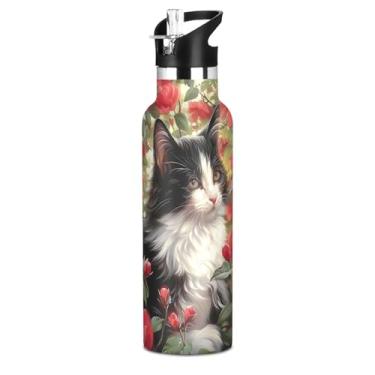 Imagem de Joisal Garrafa de água de aço inoxidável de 590 ml com tampa e alça de palha, garrafa de água escolar sem BPA, copos infantis isolados à prova de vazamento, pintura de flores de gato gatinho