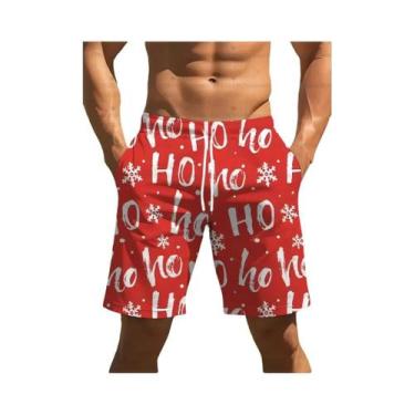 Imagem de Shorts De Natação Masculinos Com Estampa De Floco De Neve Vermelho E B