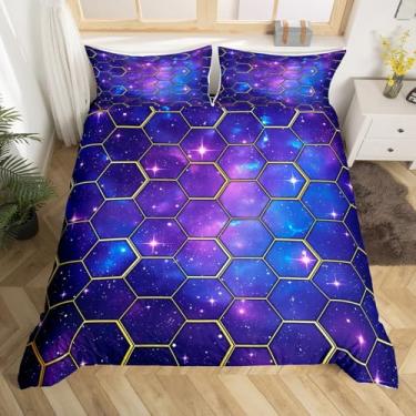 Imagem de Manfei Conjunto de capa de edredom amarelo favo de mel, tamanho infantil, conjunto de cama de galáxia azul, 2 peças, estampa hexagonal geométrica no céu estrelado, decoração de quarto de crianças