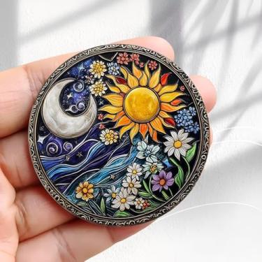 Imagem de Ímã de geladeira vintage sol lua design celestial floral - adesivo de geladeira redondo acrílico de 5,8 cm, presente de decoração retrô, tamanho perfeito para geladeira, armário ou qualquer superfície