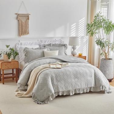 Imagem de Flysheep Conjunto de capa de edredom com babados tufados, tamanho solteiro, 3 peças de capa de edredom vintage estilo fazenda chique com fecho de zíper, conjunto de cama boêmio boêmio jacquard luxuoso