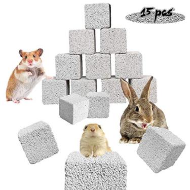 Imagem de PINVNBY 15 peças de blocos de lava de coelho pedra de moagem de dentes de coelho pequeno animal mineral pedra de cálcio brinquedo mastigável para hamsters, chinchilas e papagaios