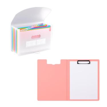 Imagem de Kit Pasta Sanfonada A4 13 Divisórias + Prancheta A4, Pasta Organizadora de Arquivos Durável, Portátil e Compacta para Escritório, Escola e Uso Pessoal (Preto ou Branco) (Rosa)
