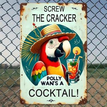 Imagem de Chapéu tropical de coquetel papagaio arte de parede de alumínio rústico e placa de metal - 20 x 30 cm decoração vintage para ambientes internos e externos para casa, escritório, café, quintal e jardim