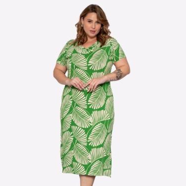 Imagem de Vestido Midi Levity Fresco Manga Curta Estampado Plus Size, Verde folh