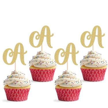 Imagem de Topper de cupcake de 26 letras - pacote com 24 decorações de cupcake com glitter e letra A, adequado para festa de aniversário, aniversário de casamento ou adereços de cabine de fotos (A)