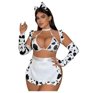 Imagem de WDIRARA Conjunto de lingerie feminina plus size, 7 peças, cosplay de vaca, Preto e branco, 5X-Large