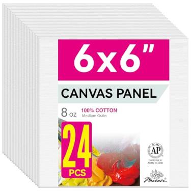 Imagem de PHOENIX Painéis de Tela Pequenos para Pintura de 6 X 6", Pacote de 24 A Granel - Placas de Tela Quadradas Sem Ácido 100% Algodão com Primer Triplo de 8 Onças para Pintura, Placas de Tela Plana Em Bran