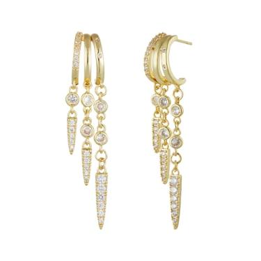 Imagem de Medsor Brincos com pingente de ouro para mulheres, banhado a ouro 14k, lua e estrela, brincos de argola tripla para mulheres, joias delicadas e modernas, 3inch, Metal, Sem pedra preciosa