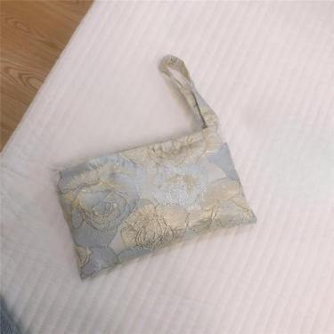 Imagem de Bolsa de telefone de lona jacquard rosa dourada – Mini bolsa de mão, bolsa de armazenamento multifuncional para cartões e pequenos itens essenciais, Azul