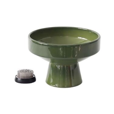 Imagem de Pires de plantas Prato decorativo para arranjos florais com pés altos e suporte para agulhas em aço inoxidável(Green)