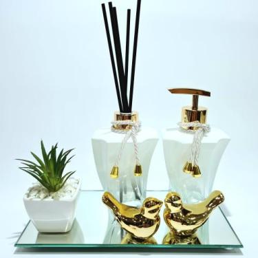 Imagem de Kit Lavabo Luxo suculenta, Difusor, Saboneteira, Bandeja Espelhada - R