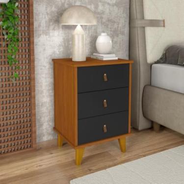 Imagem de Mesa de Cabeceira Retro com 3 Gavetas Criado Mudo com Puxador em Couro e Pés de Madeira(cedro/preto)