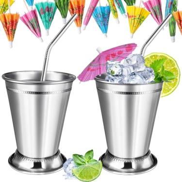 Imagem de 2 conjuntos de copos de julep de menta prata com canudos de aço inoxidável de 355 ml, copos de julep de menta com contas, copos de coquetel de metal com canudos e palhetas de bebida para coquetéis de