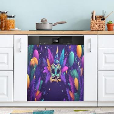 Imagem de ATTX Máscara colorida Mardi Gras capa magnética para lava-louças | Adesivo decorativo de eletrodomésticos de 58 x 66 cm para armários domésticos e eletrodomésticos (130)