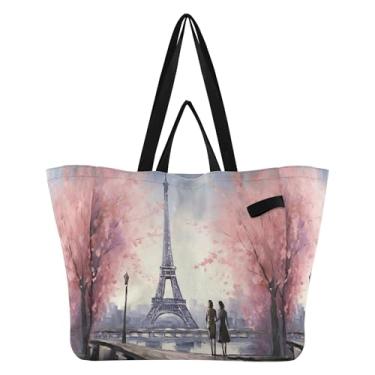 Imagem de SEHANY Sacola de compras reutilizável da Torre Eiffel de Paris com alças reforçadas, bolsa de compras de lona dobrável à prova d'água de grande capacidade para viagem, cozinha, praia